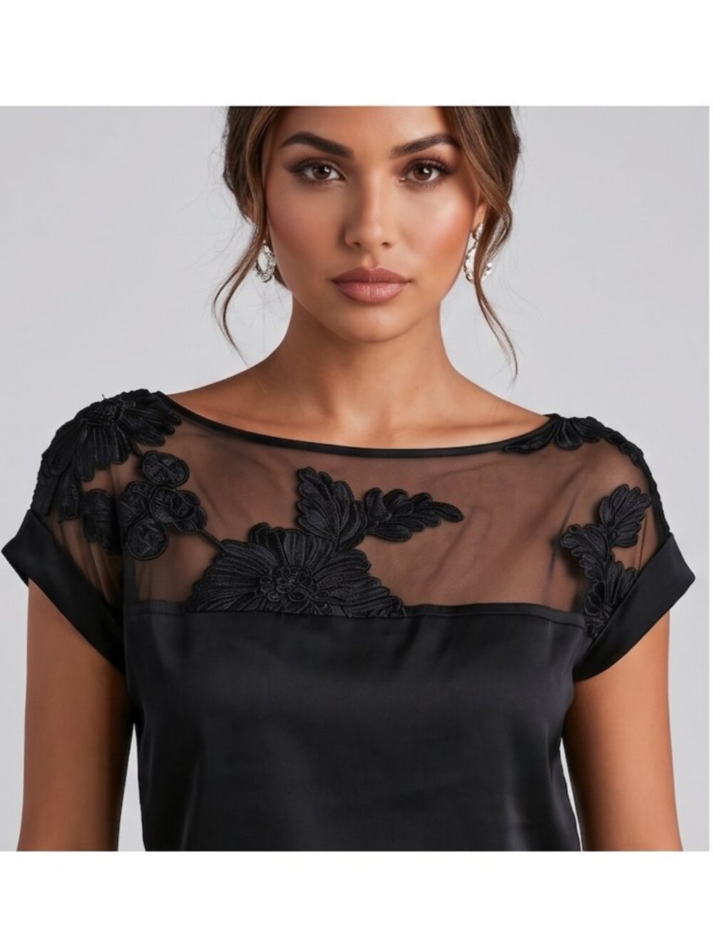Black Sheer Illusion Lace Yoke Blouse – Floral Appliqué Cap Sleeve Top
